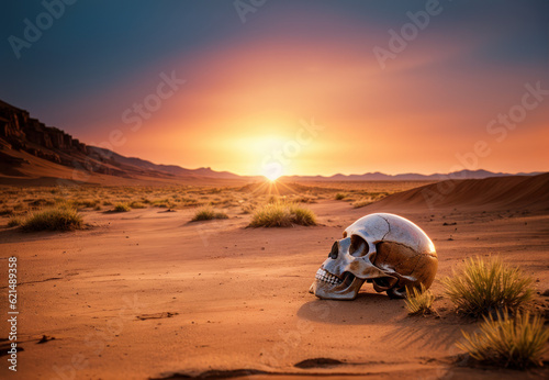 Crâne humain dans un désert aride représentant le réchauffement climatique. Generative AI.