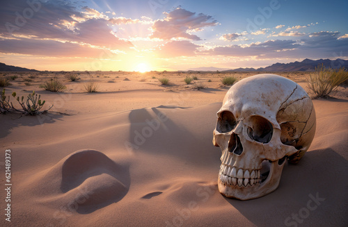 Crâne humain dans le désert en période de sécheresse. Generative AI. © Morgan