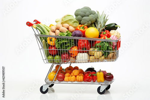 Grocery cart with vegetables and fruits. Generative AI