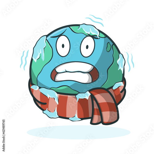 cartoon illustration of aphelion, cold shivering earth because too far from sun. Vector file, every object is on separated layer