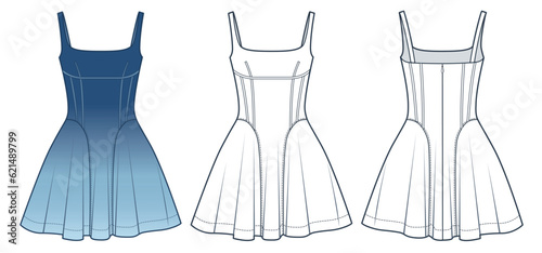 Women mini Dress technical fashion Illustration, blue design. Dress with shoulder straps fashion flat technical drawing template, slim fit, zip-up, corset, front and back view, white, CAD mockup set.