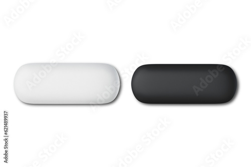 Blank black and white closed glasses case mockup set, isolated, 3d rendering. Empty horizontal optical box mock up, top view. Clear spectacle protector container mokcup template.
