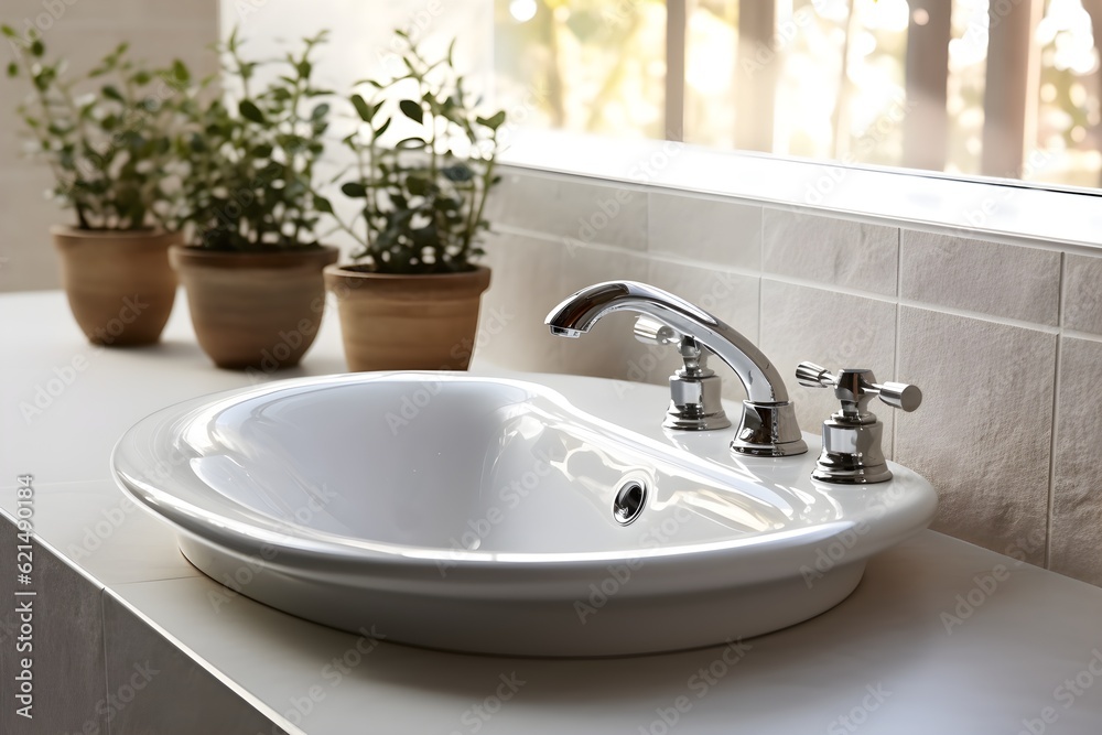 interior design, Bathroom interior with white sink and faucet. created generative AI. interior design, Bathroom interior with white sink and faucet. created generative AI.