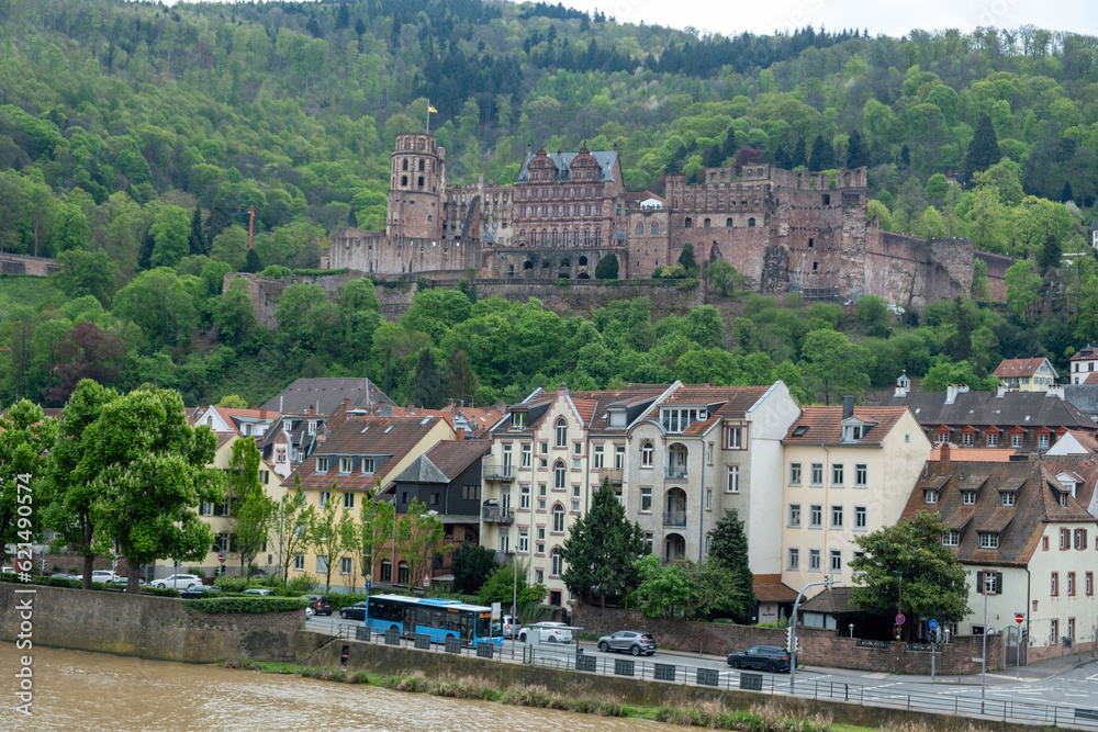 Germany, aerial drone view of Heidelberg city next to Neckar river. Schloss Heidelberg, palace.