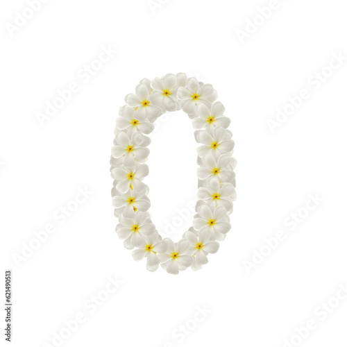 number 0 one made of flowers frangipani or plumeria isolated.
