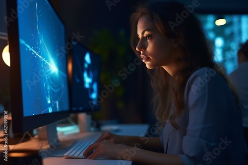 Female trader working on her computer. Financial Analyst, investor watches the stock market. Generative AI