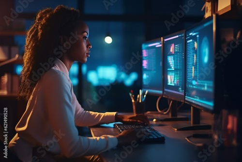 Female trader working on her computer. Financial Analyst, investor watches the stock market. Generative AI
