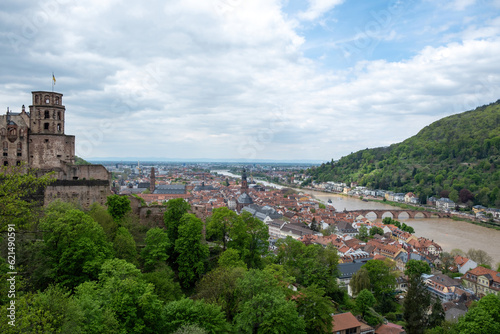 Germany  aerial view of Heidelberg traditional city next to Neckar river and Old Bridge.