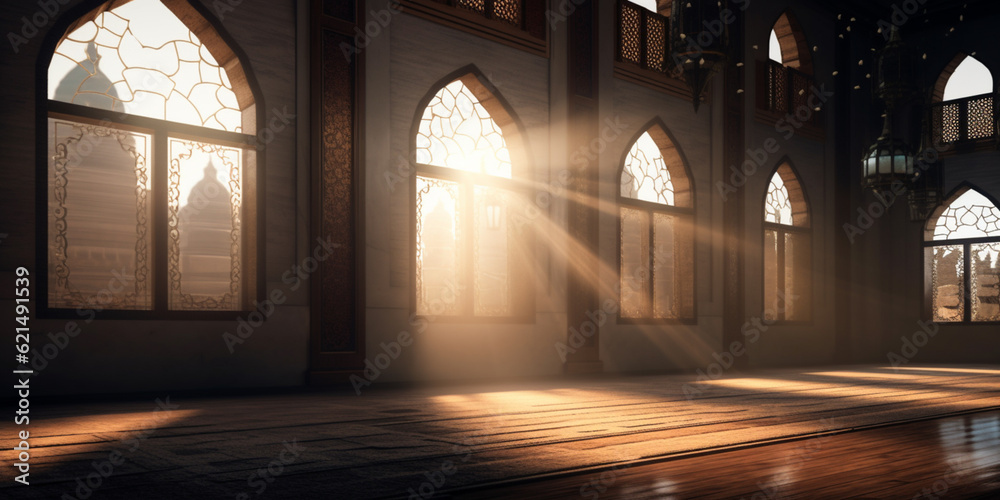 moon light shine through the window into islamic mosque interior