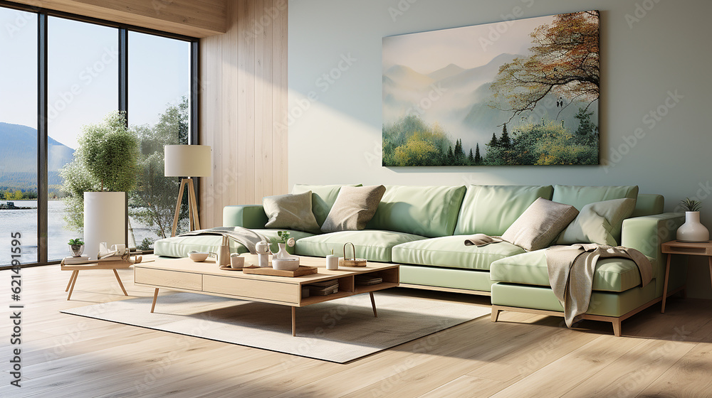 scandinavian style interior design of modern living room with green big ...