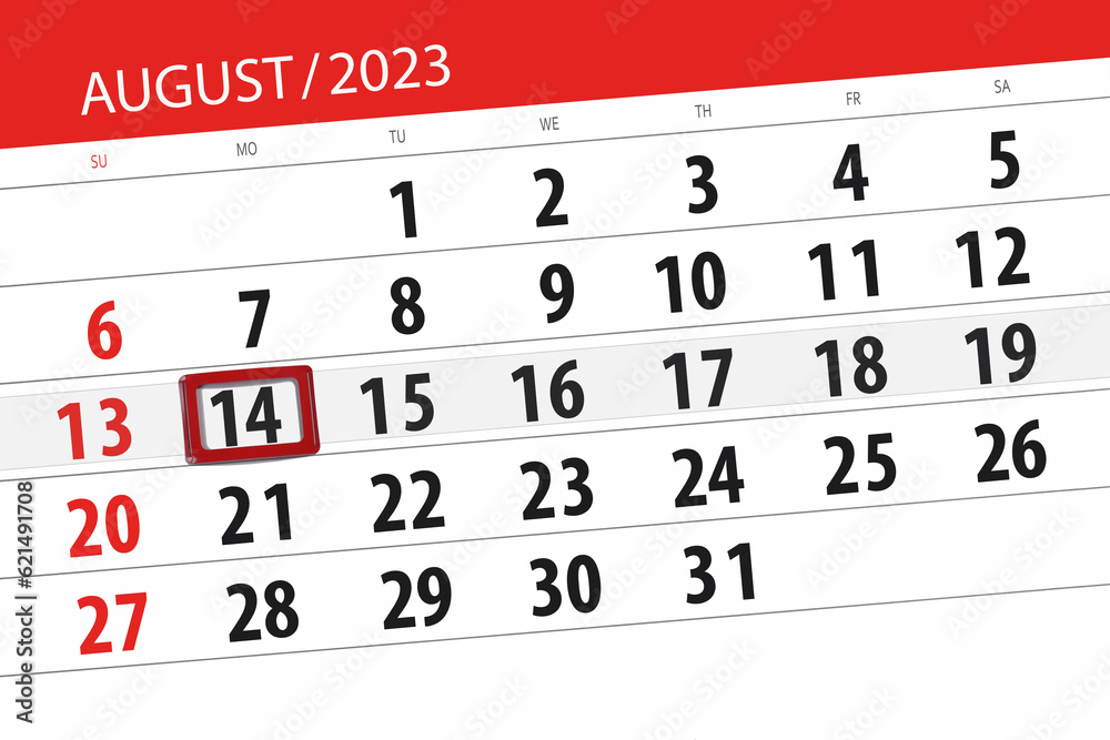Fototapeta premium Calendar 2023, deadline, day, month, page, organizer, date, August, monday, number 14
