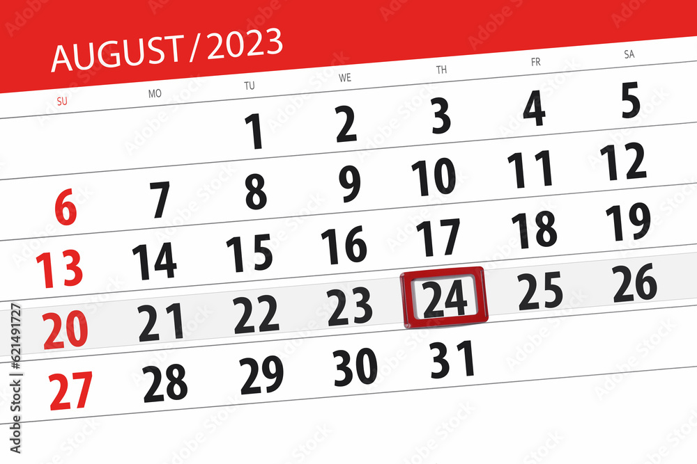 Fototapeta premium Calendar 2023, deadline, day, month, page, organizer, date, August, thursday, number 24