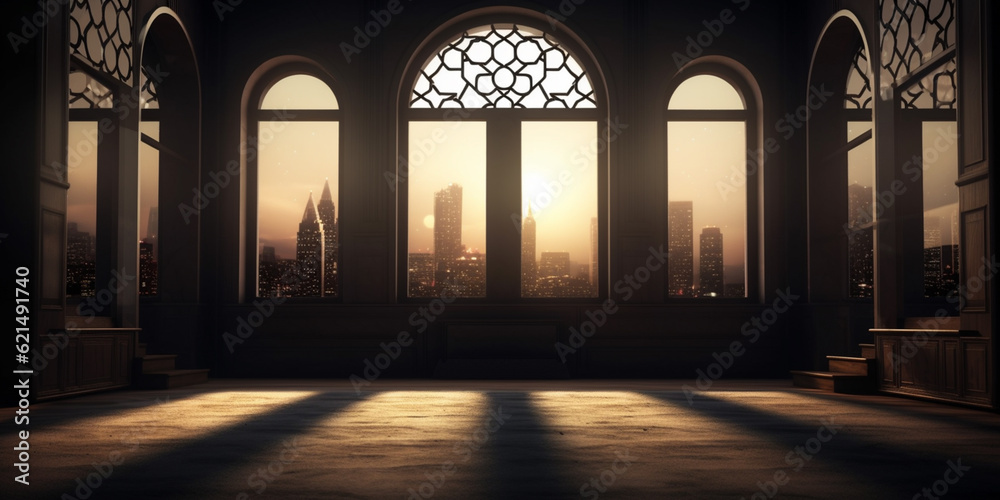 moon light shine through the window into islamic mosque interior