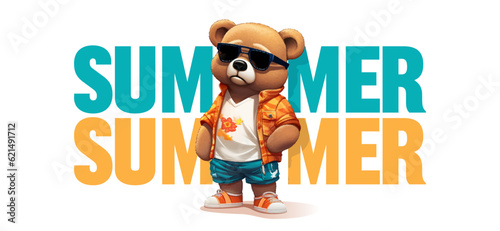 Teddy bear a sunglass and summer shirt, slogan with summer on white background. Illustration for printing on clothing. Vector illustration