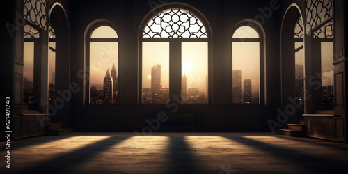 moon light shine through the window into islamic mosque interior