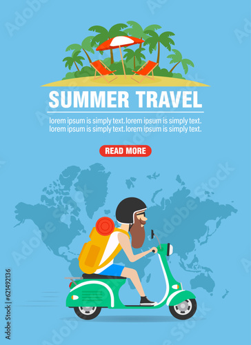 Summer travel. Hipster traveler on a scooter flat design