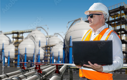 Oilman with laptop. Man near industrial enterprise. Engineer inspects modern factory. Pipes near spherical oil storage tanks. Oilman in protective helmet. Worker in orange vest. Oilman career photo