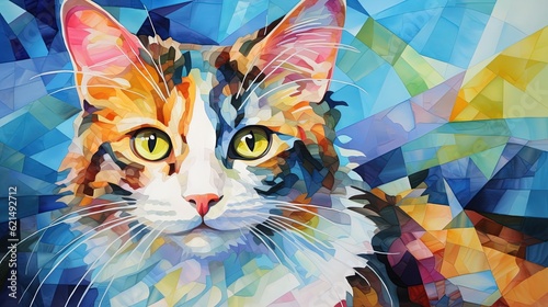  a colorful cat with yellow eyes is shown in this painting. generative ai