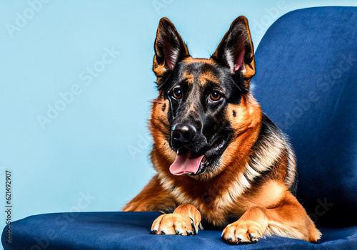 German Shepherd with upright pointy ears sitting in blue armchair and looking straight ahead in light blue background 