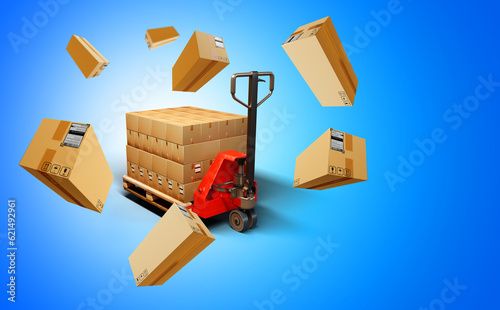 Pallet jack. Cardboard boxe...