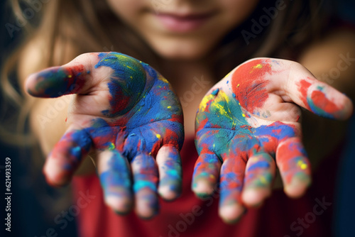 Cute cheerful kid girl showing her hands painted in bright colors