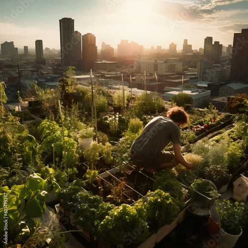 Urban Farming: individual engaged in urban farming and rooftop gardeningGenerative AI
