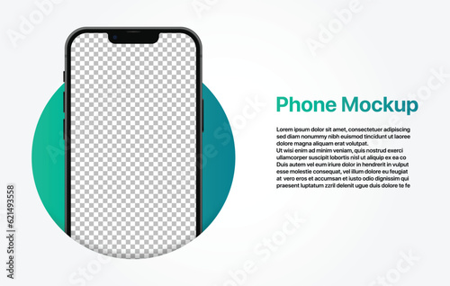 Realistic smartphone with transparent background on screen and space for text vector mockup. Phone device model mockup with gradient circle on background.