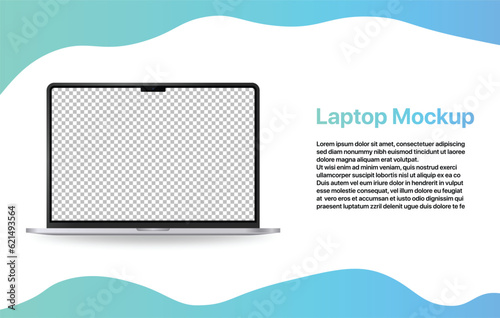 Realistic laptop mockup with transparent screen, gradient liquid wavy elements and space for text. Laptop device model with open screen for advertising and web vector illustration.