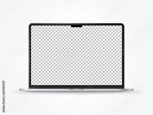 Realistic laptop mockup with transparent screen background. Laptop device model with open screen vector illustration.
