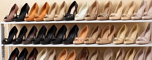 Different types of women's shoes on shelves in a shop