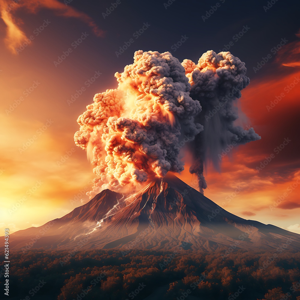 An ash-spewing volcano against a sunset background, generated by AI