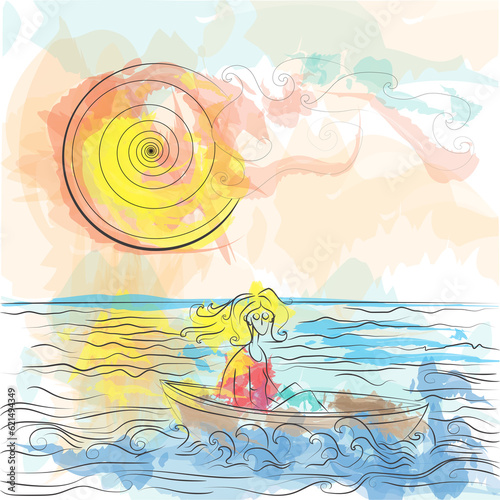 Lonley in small boat in ocean graphic drawing, art, 