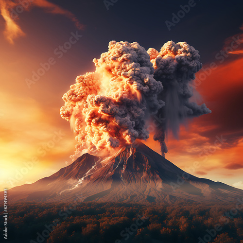 An ash-spewing volcano against a sunset background  generated by AI