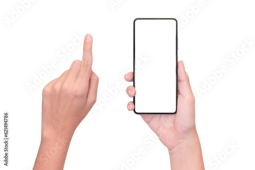 empty mobile phone screen on young man hand for additional user interface. isolated image.