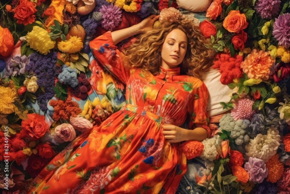 Top view of an imaginative woman in colorful pajamas lying on bed adorned with bright flowers. Romantic Top view of an imaginative woman in colorful pajamas lying on bed adorned with bright flowers. Romantic