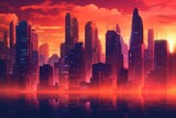 Futuristic cityscape with a glowing neon grid, bathed in the warm hues of a setting sun, reminiscent of 80s video games. Generative AI