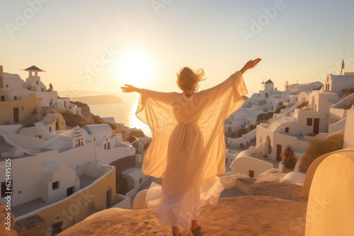 A carefree woman with arms open wide, dancing in joy and freedom amidst the picturesque beauty of Oia, Santorini, Greece island. Vibrant summer vibes. Generative AI