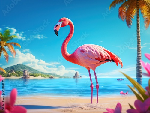 Funny Flamingo 3D illustration  pink Flamingo in the beach  summer vibes AI Generative 