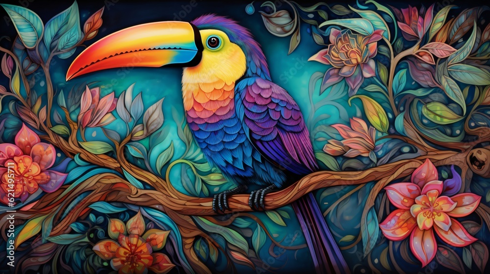 An intricate batik-style rendering of a vibrant toucan perched on a branch An intricate batik-style rendering of a vibrant toucan perched on a branch