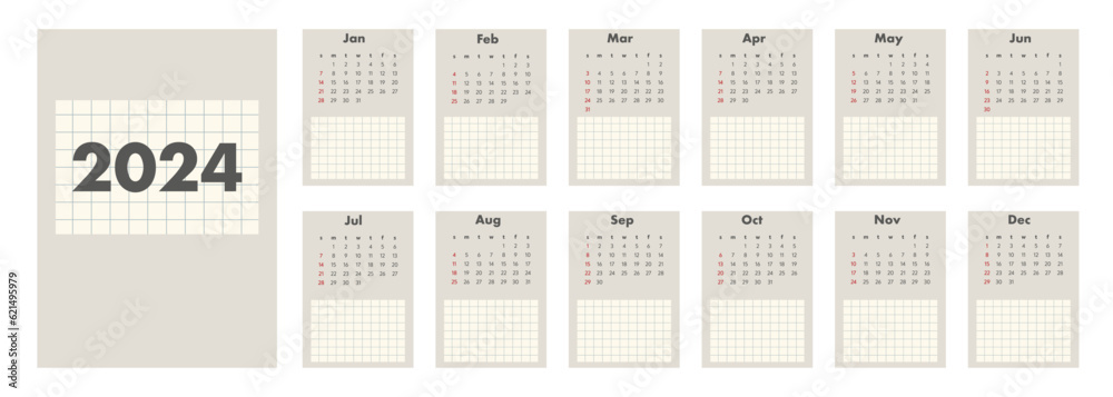 Monthly calendar for 2024. vertical calendar. The week starts on Sunday.