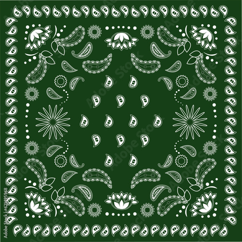 Green bandana kerchief paisley fabric patchwork abstract vector seamless pattern