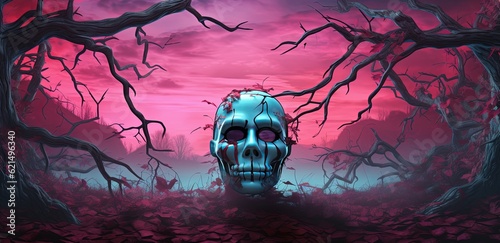 dark fantasy design background wallpaper mask in mystery landscape, Generative Ai photo