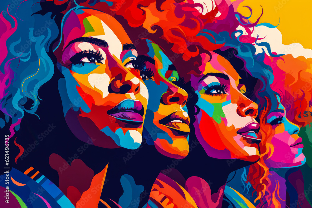 Artwork illustration, vector, banner or background depicting the lesbian community with diverse people. Generative AI.