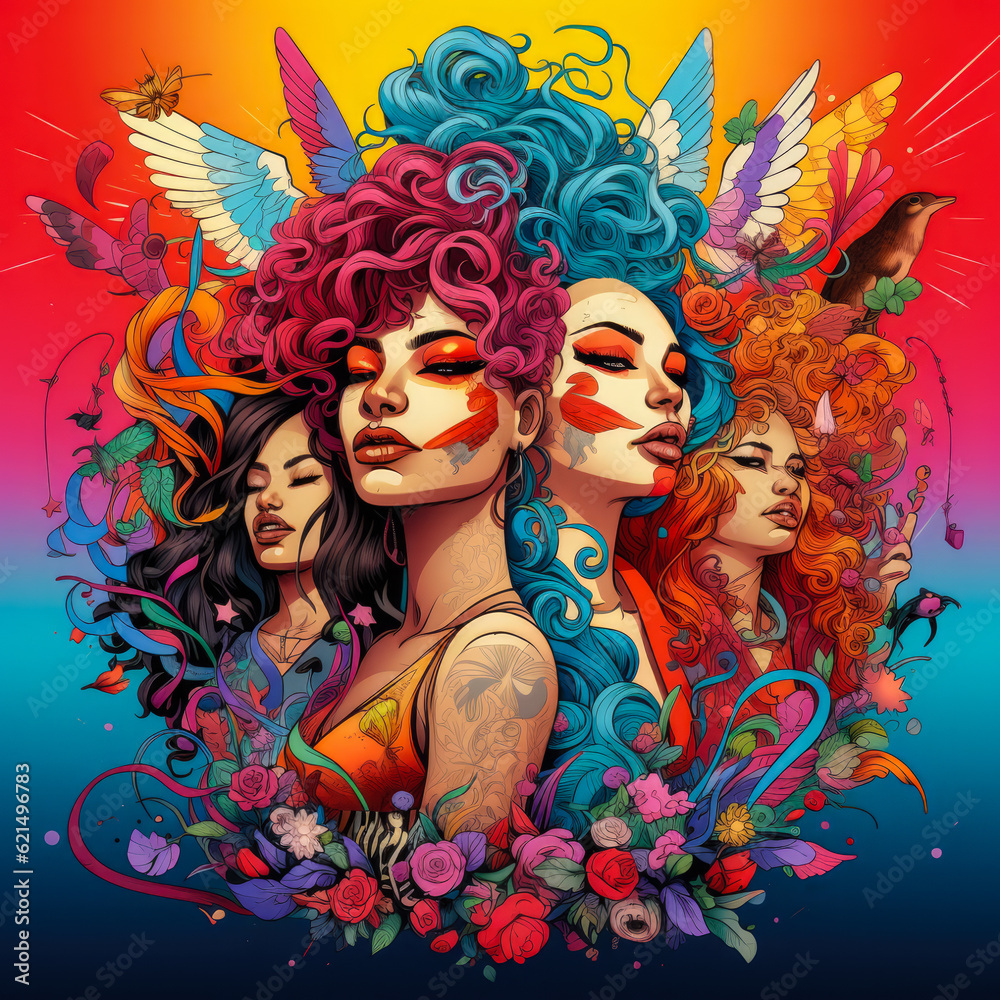 Artwork illustration, vector, banner or background depicting the lesbian community with diverse people. Generative AI. Artwork illustration, vector, banner or background depicting the lesbian community with diverse people. Generative AI.