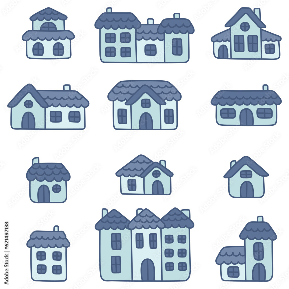 Set of cute blue hand drawn houses. Doodle art cliparts. Kawaii elements for the design of children's clothes, goods and toys. Simple vector illustrations of urban and rural estates. Cartoon hutches.