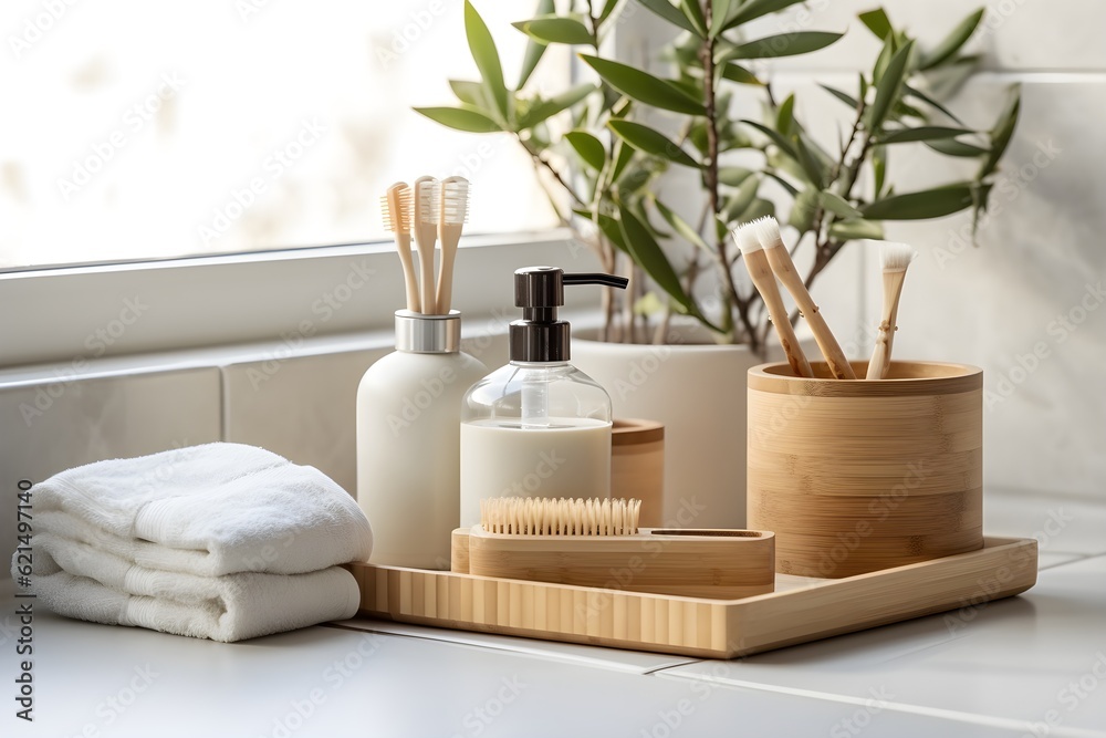 Bathroom styling and organization. Organic lifestyle and skin care products. created generative AI.