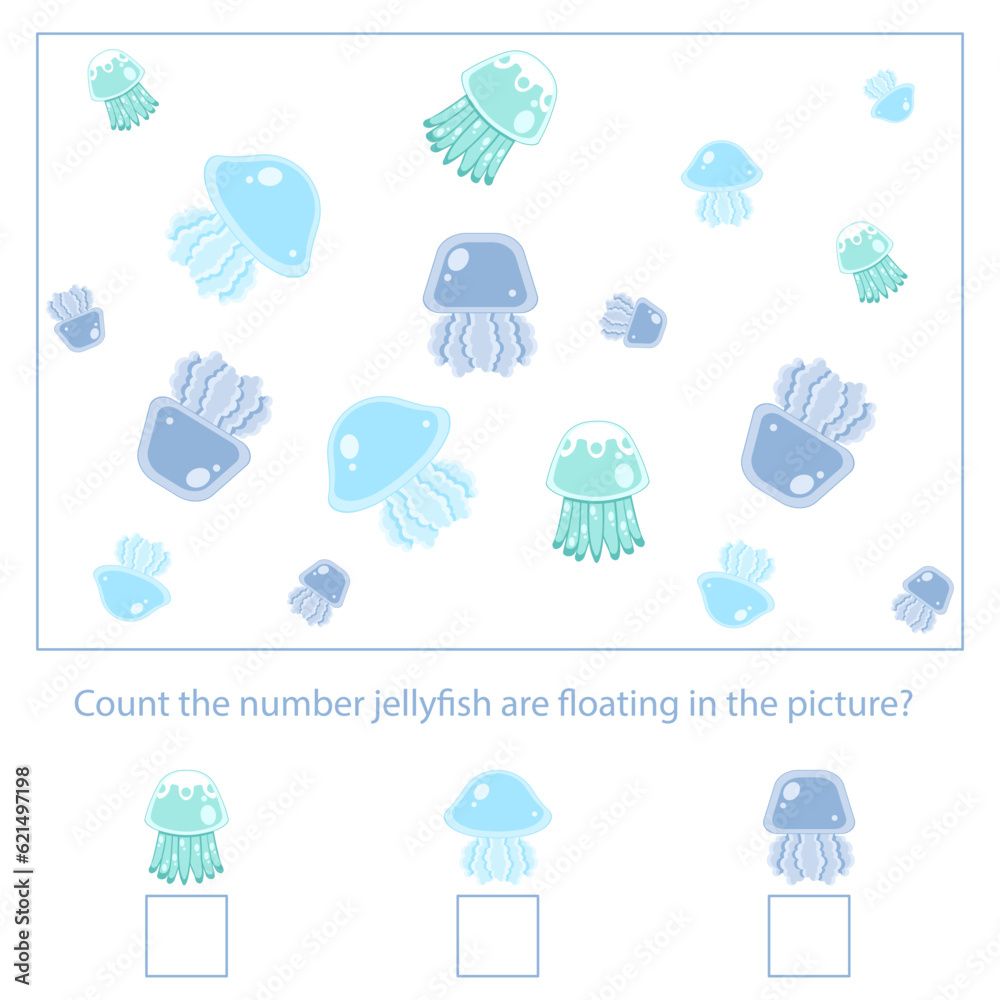 Colorful game counting of ocean animals for preschool kids activity worksheet . Vector Illustration.