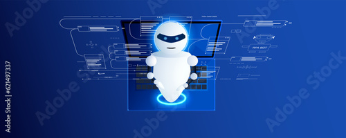RPA digital technology service business industry, ai, chat bot concept. Robotic process automation on blue 3D isometric laptop vector.