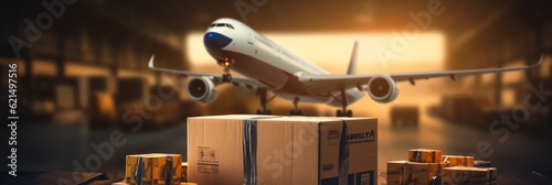 Airplane with a box. The concept of aviation logistics. Generative AI photo