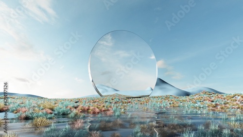 Fototapeta Naklejka Na Ścianę i Meble -  Fantasy world, futuristic fantasy image. 3d render of surreal landscape with water, colorful sand and grass. Podium, display on the background of abstract glass, mirror shapes and objects. 